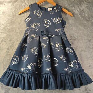 Wonder Nation Girls Dress 7 Navy Unicorn Print Bow Ruffle Hem Party Playful